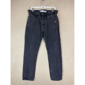 OFF WHITE Jeans Womens 32 Black Diag Elastic Waist‎ Slim High Rise Embroidered